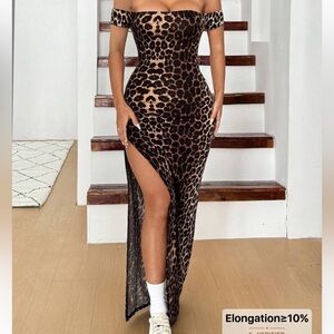 SHEIN Brown Leopard Off-Shoulder High-Slit Maxi Dress